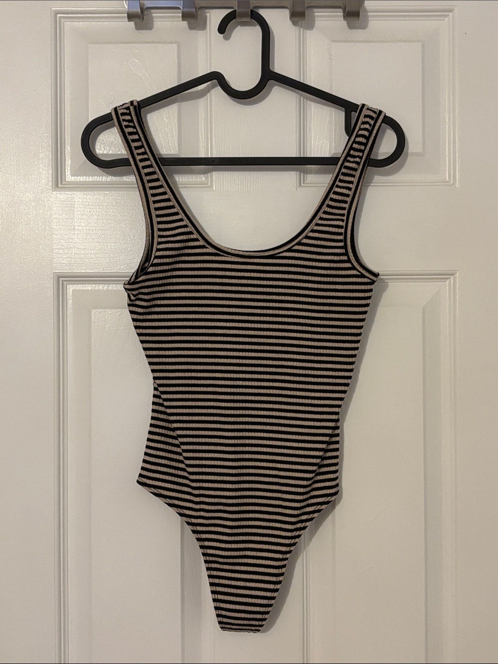 Dress Forum Small Black and Cream Striped Tank Bodysuit